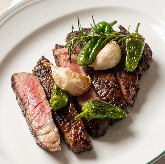 Wagyu grillé, ail rôti et piments doux